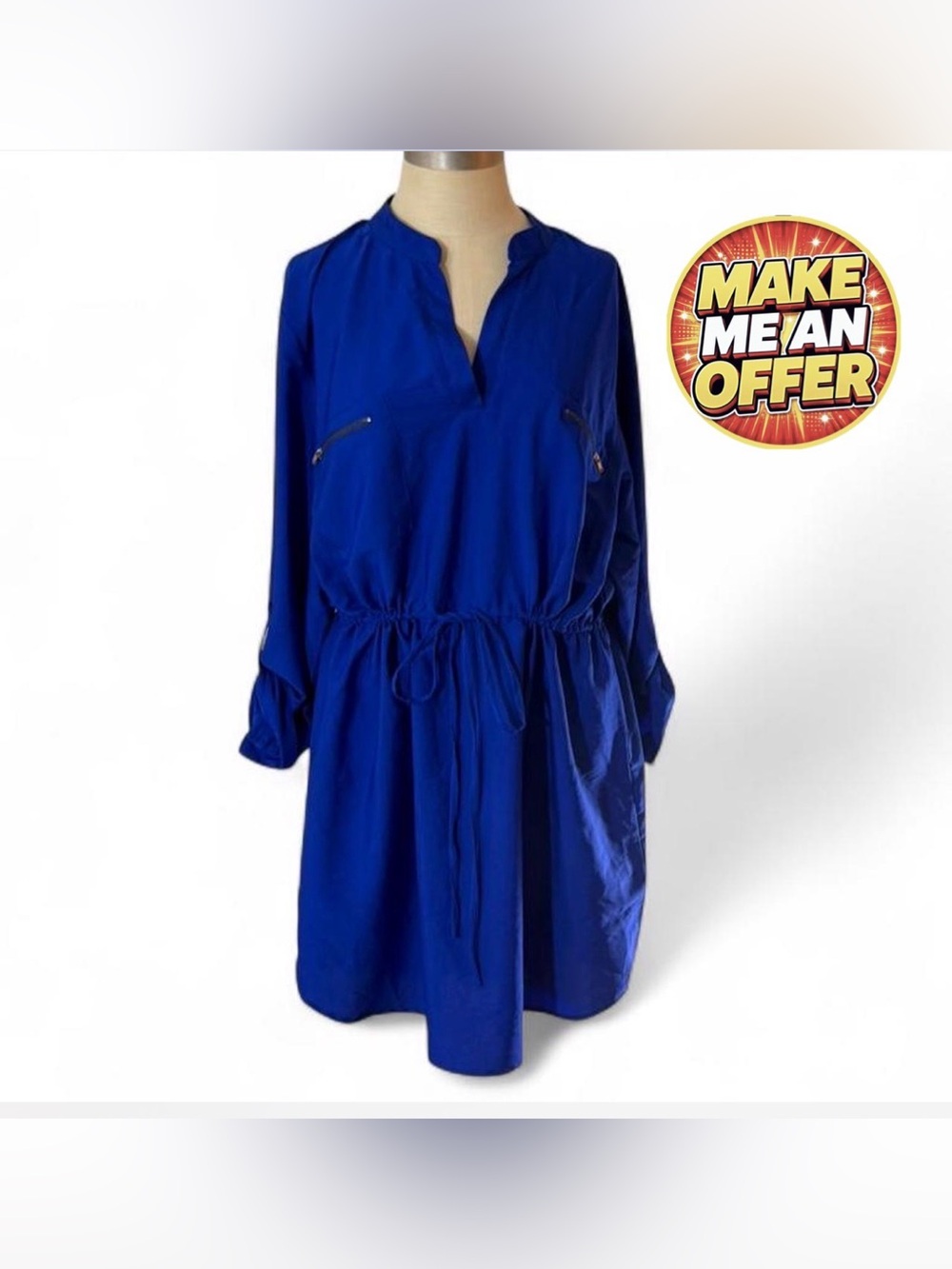 Brand New Women's Drawstring Waist Shirt Dress - Royal Blue - SZ XXL